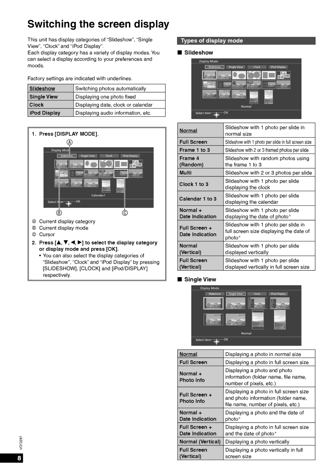 Panasonic MW-20 operating instructions Switching the screen display, Types of display mode, „ Slideshow, „ Single View 