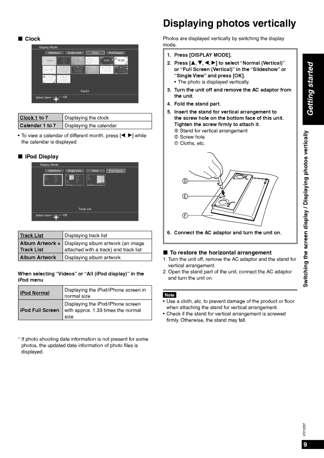 Panasonic MW-20 Displaying photos vertically, „ Clock, „ iPod Display, „ To restore the horizontal arrangement 