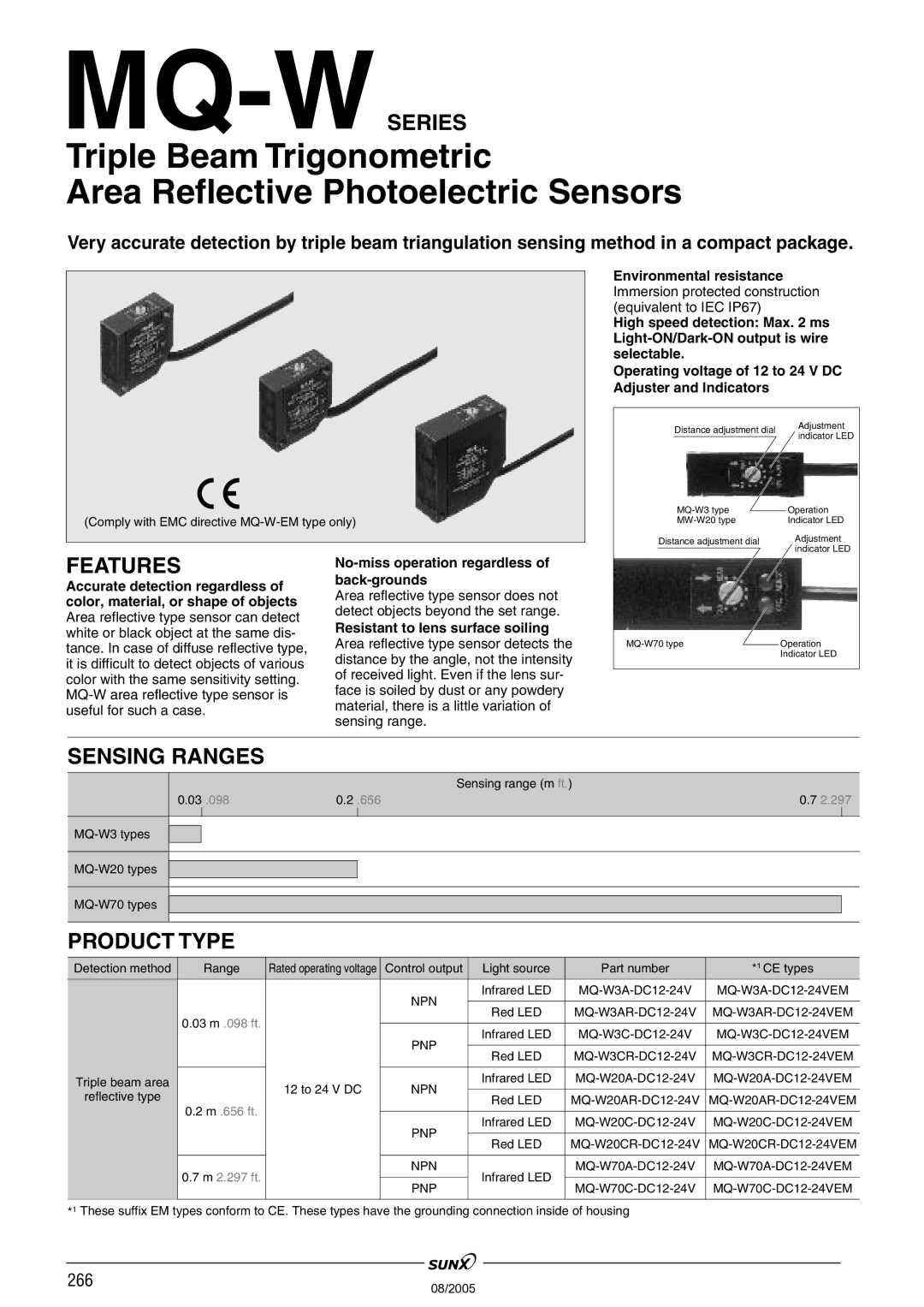 Panasonic MQ-W3, MW-W20 manual Mq-Wseries, Features, Sensing Ranges, Product Type 