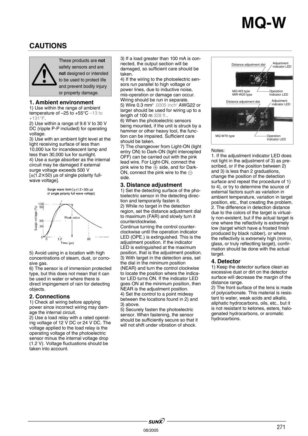 Panasonic MW-W20, MQ-W3 manual Ambient environment, Connections, Distance adjustment, Detector, Above 