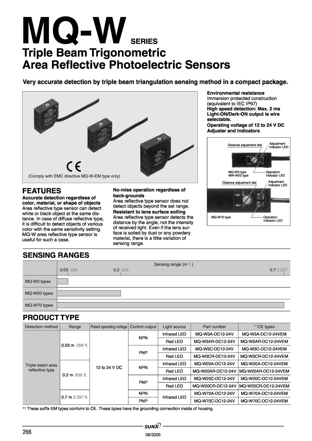 Panasonic MQ-W3, MW-W20 manual Mq-Wseries, Features, Sensing Ranges, Product Type, Triple Beam Trigonometric 