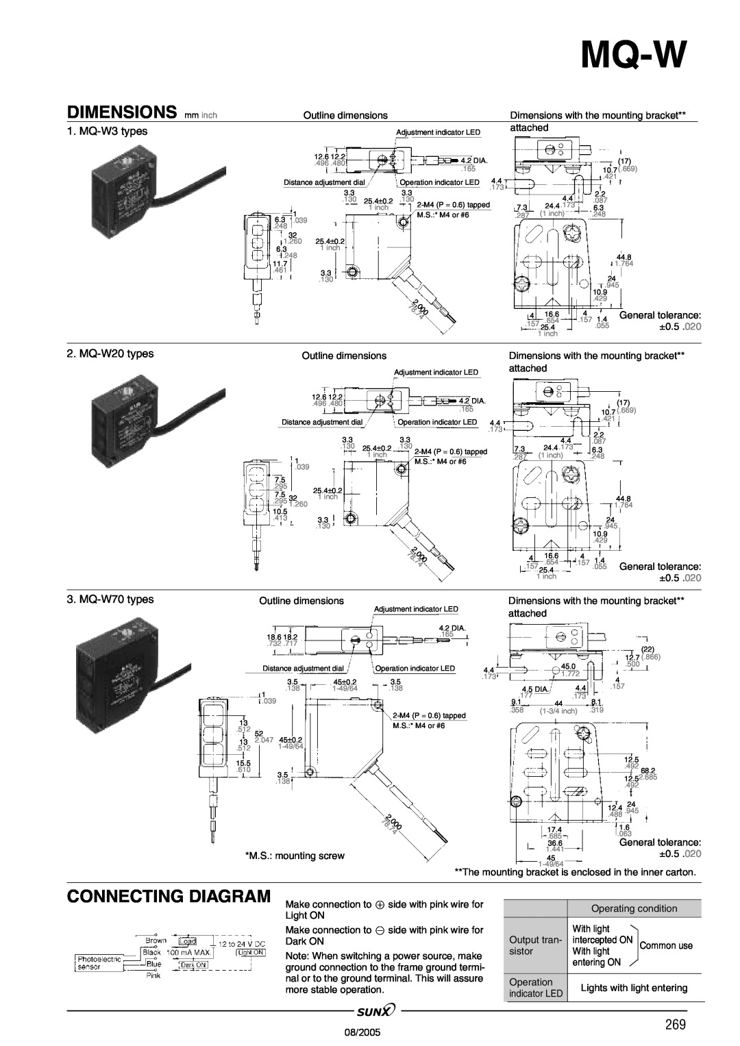 Panasonic MW-W20, MQ-W3 manual DIMENSIONS mm inch, Connecting Diagram, Mq-W, General tolerance, ±0.5 