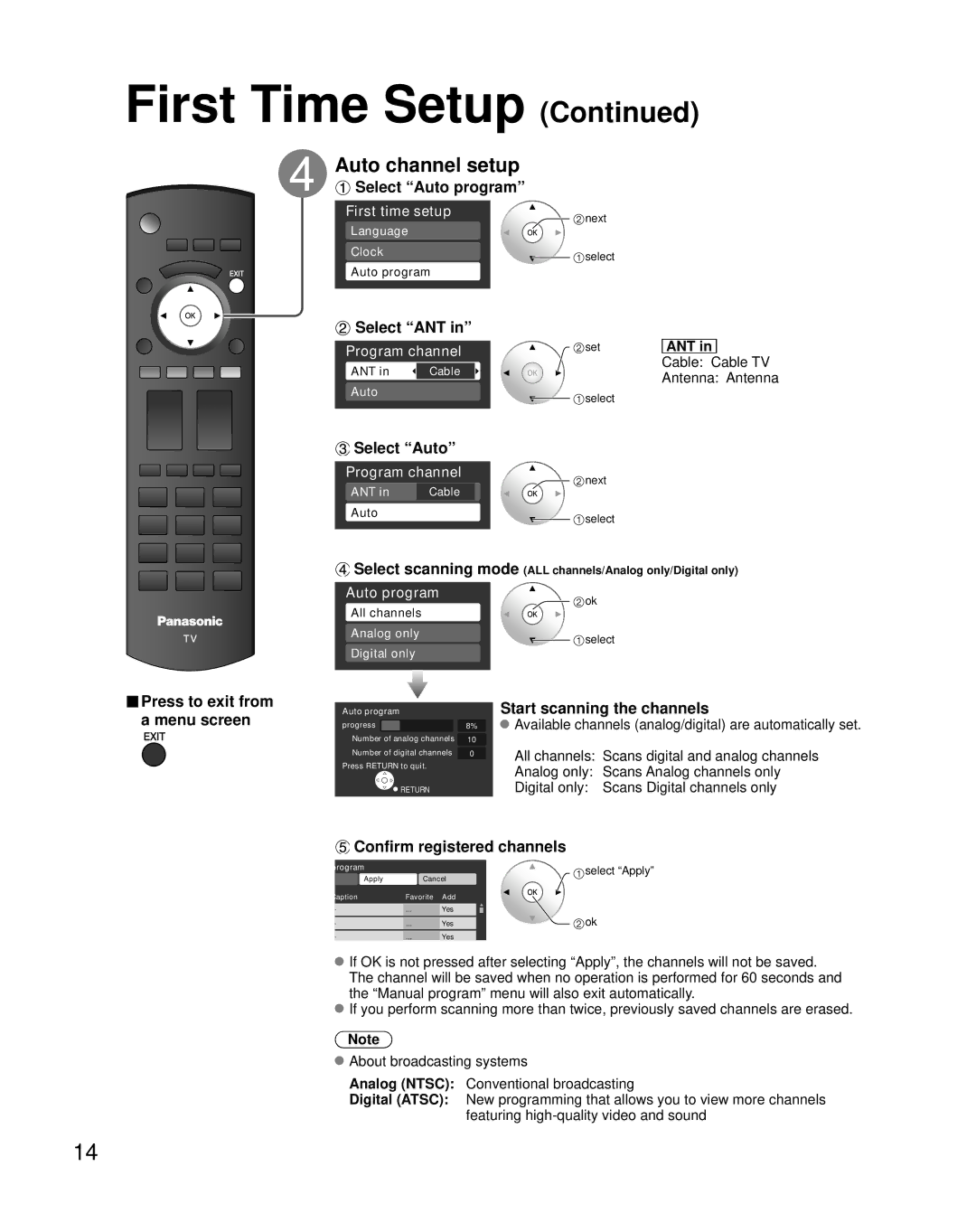 Panasonic TC-37LZ85, N2QAYB000221 Auto channel setup, Select Auto program, Select ANT, Confirm registered channels, Ant 