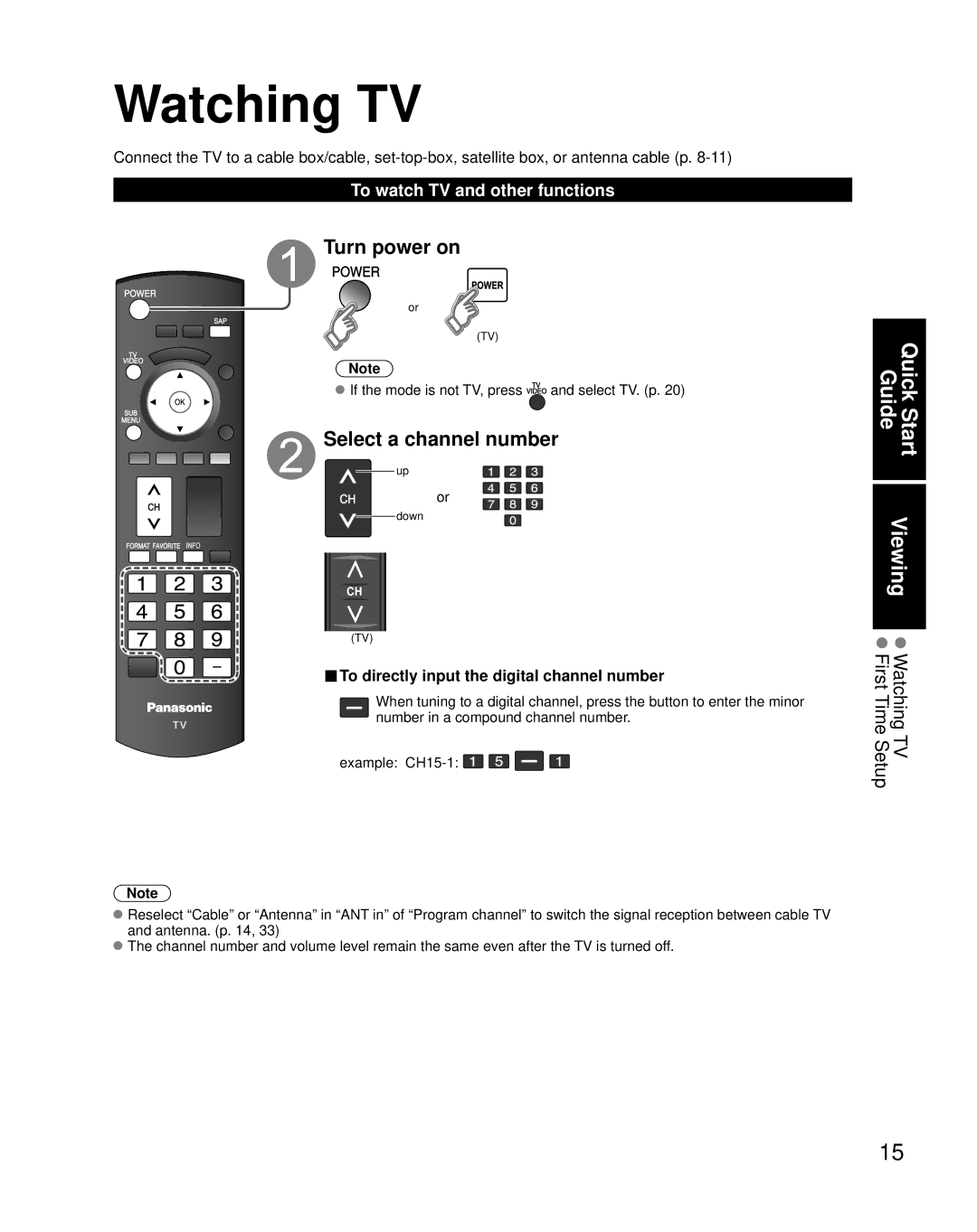 Panasonic TQB2AA0775, N2QAYB000221 Watching TV, Turn power on, Select a channel number, To watch TV and other functions 