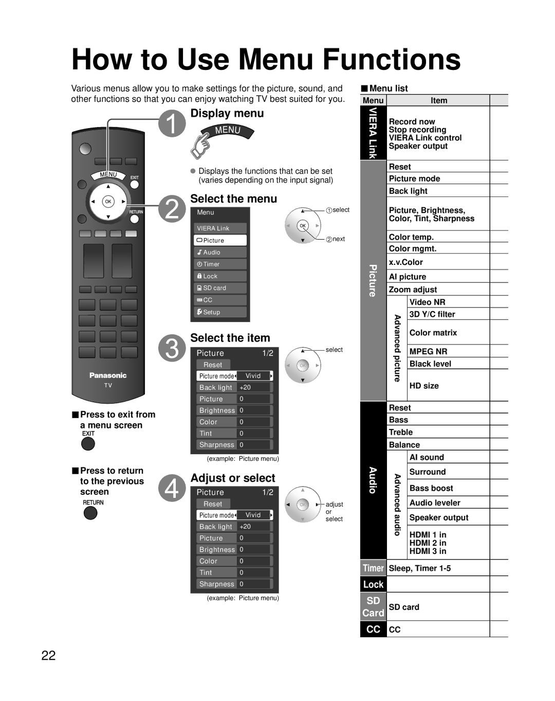 Panasonic TC-37LZ85, N2QAYB000221, TY-WK32LR2W How to Use Menu Functions, Display menu, Select the menu, Select the item 