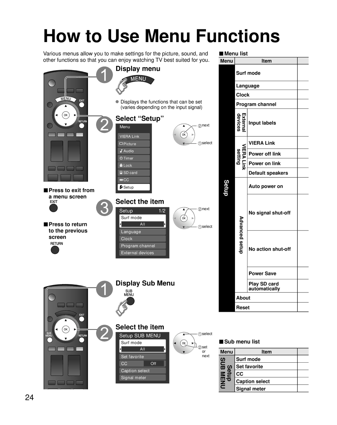 Panasonic N2QAYB000221, TY-WK32LR2W, TC-37LZ85, TQB2AA0775 quick start Display Sub Menu, Sub menu list 