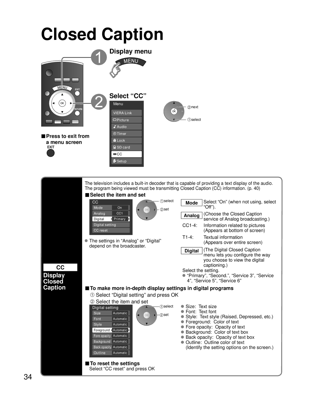 Panasonic TC-37LZ85, N2QAYB000221, TY-WK32LR2W Display Closed Caption, Select the item and set, To reset the settings 