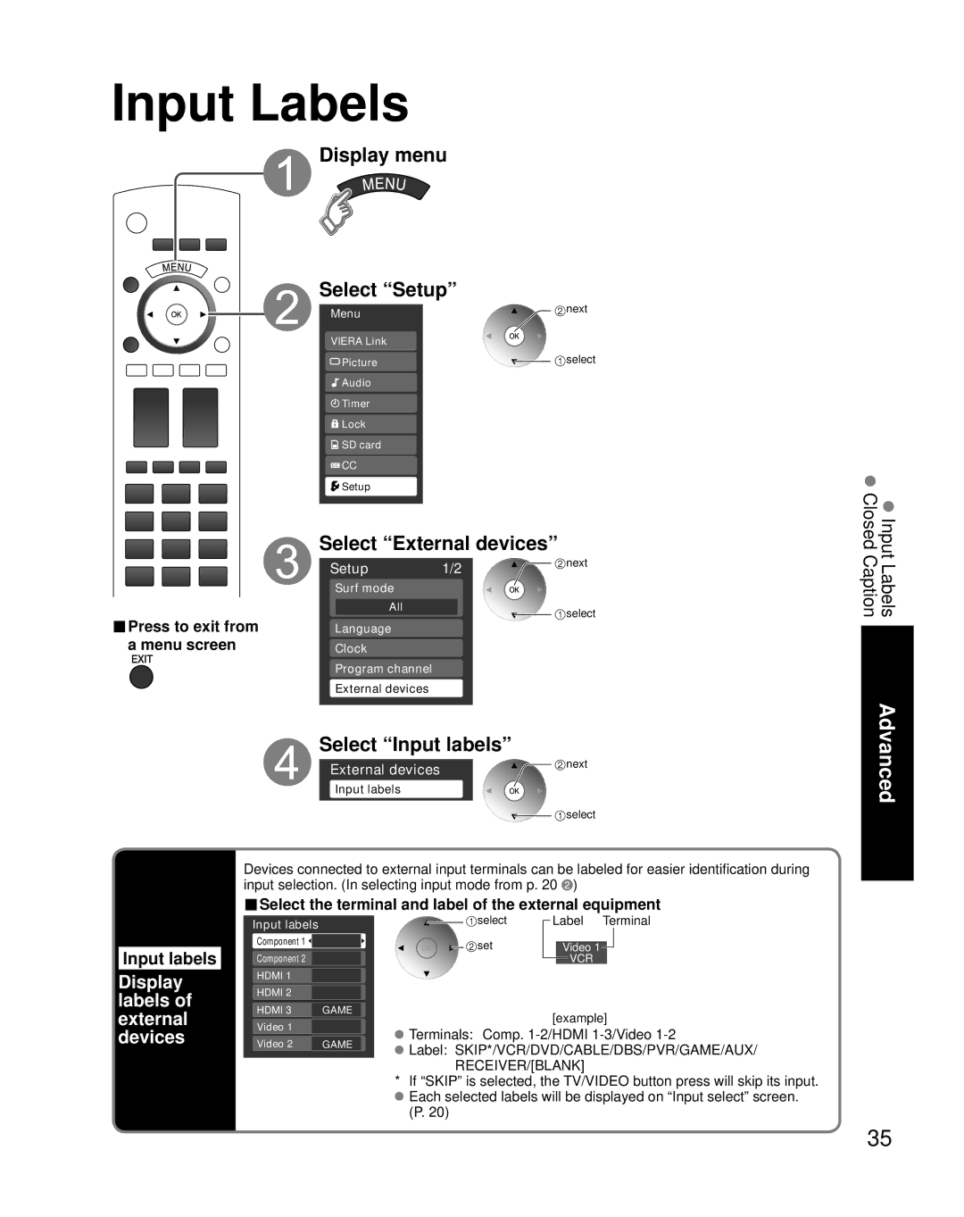 Panasonic TQB2AA0775 Input Labels, Select External devices, Select Input labels, Display labels of external devices 