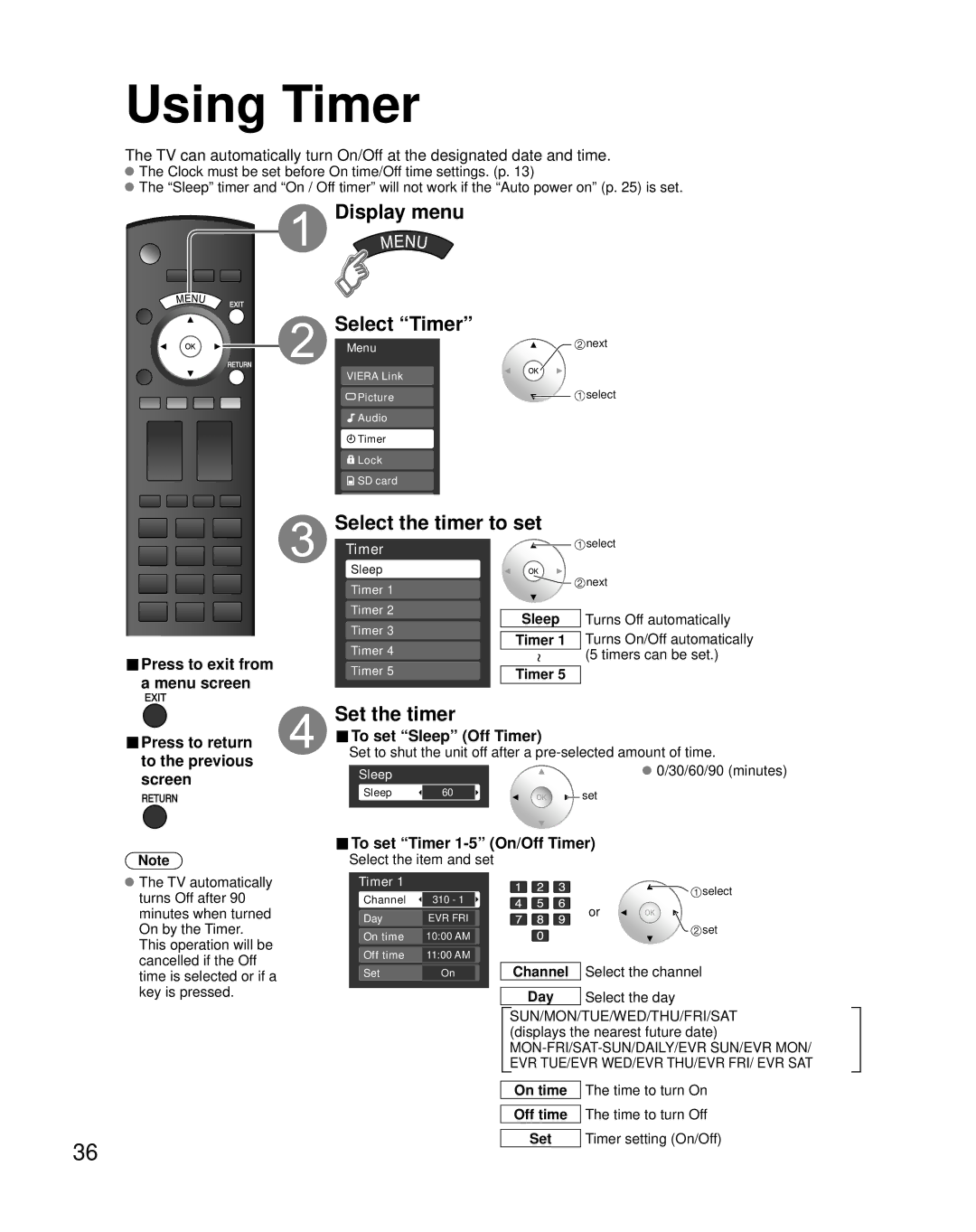 Panasonic N2QAYB000221, TY-WK32LR2W Using Timer, Display menu Select Timer, Select the timer to set, Set the timer 