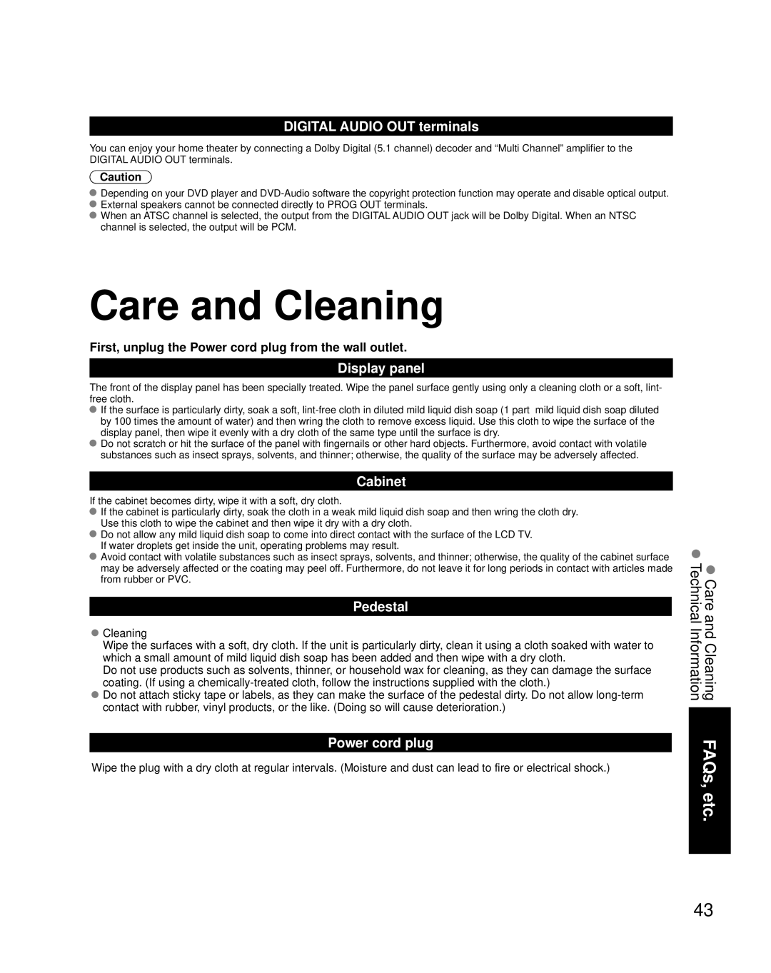 Panasonic TQB2AA0775, N2QAYB000221, TY-WK32LR2W, TC-37LZ85 quick start Care and Cleaning 