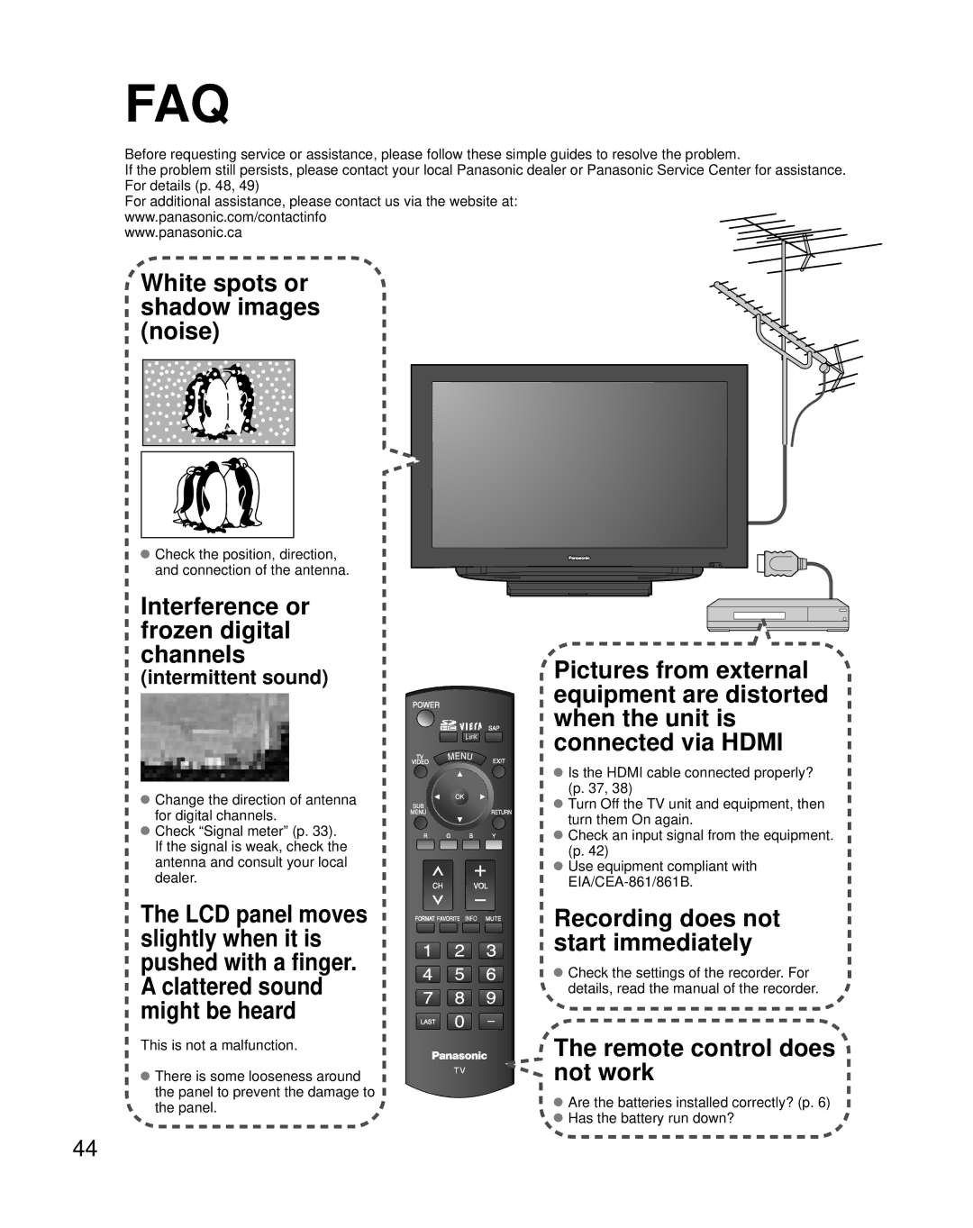 Panasonic N2QAYB000221, TY-WK32LR2W, TC-37LZ85, TQB2AA0775 quick start Faq, Intermittent sound 