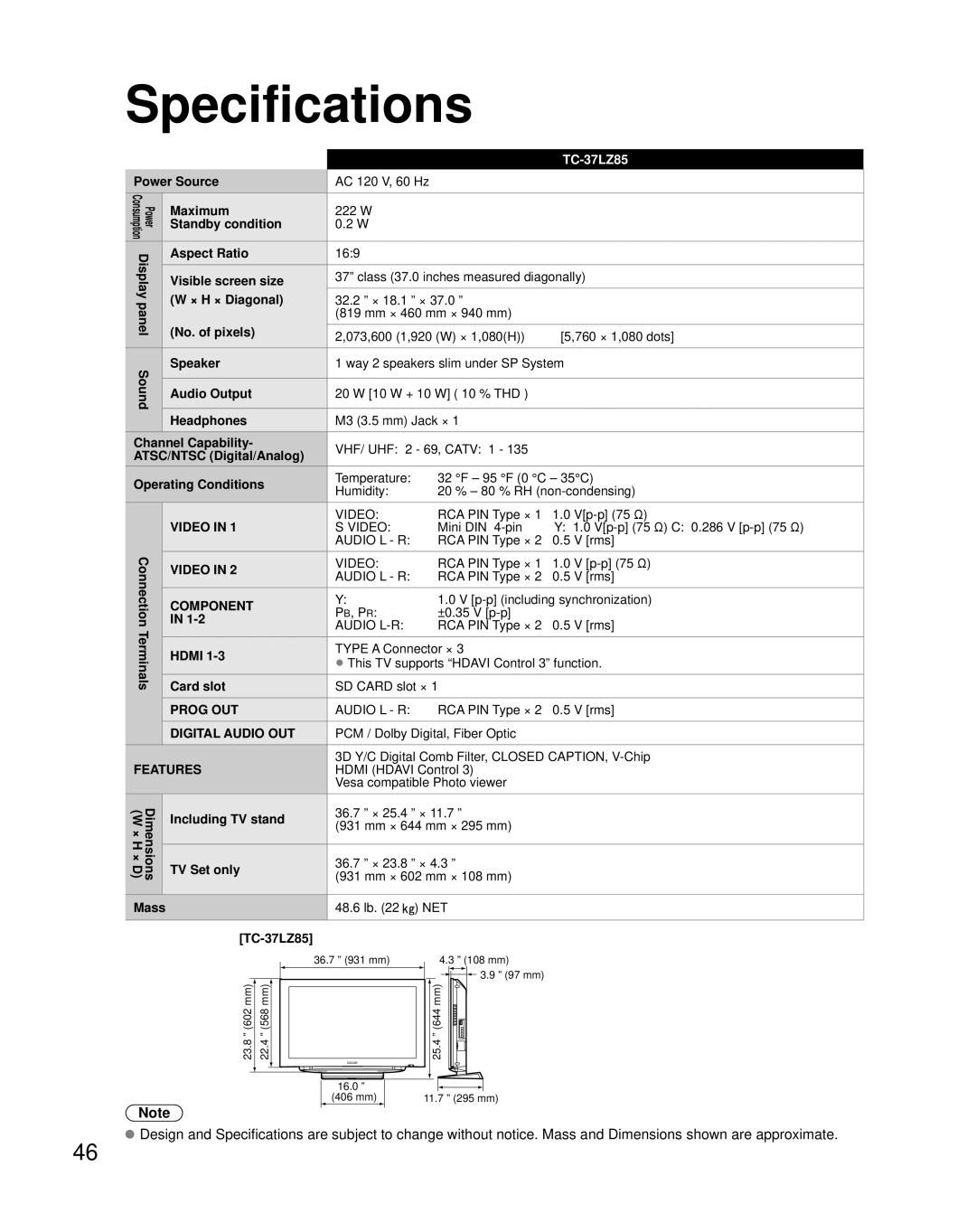 Panasonic TC-37LZ85, N2QAYB000221, TY-WK32LR2W, TQB2AA0775 quick start Specifications, Features 