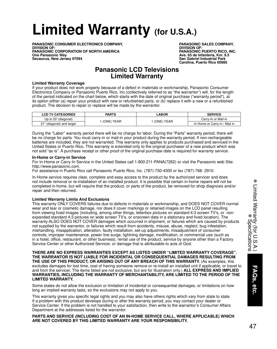 Panasonic TQB2AA0775, N2QAYB000221 Limited Warranty for U.S.A, Limited Warranty Coverage, In-Home or Carry-in Service 