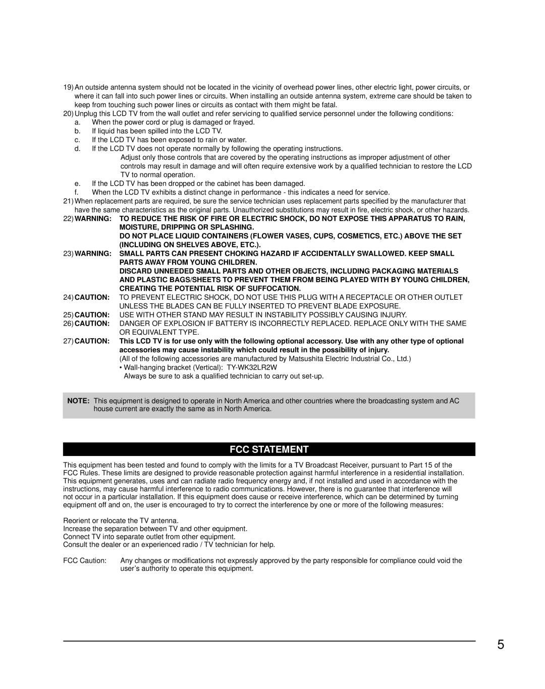 Panasonic TY-WK32LR2W, N2QAYB000221, TC-37LZ85, TQB2AA0775 quick start FCC Statement 