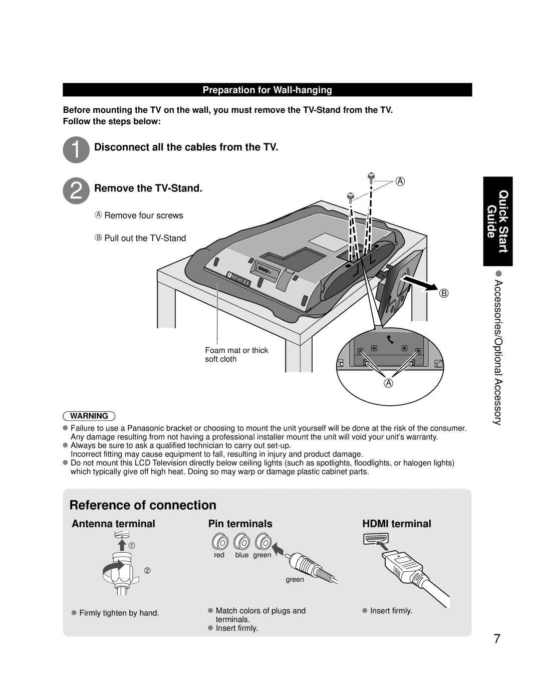 Panasonic TQB2AA0775, N2QAYB000221 Disconnect all the cables from the TV Remove the TV-Stand, Preparation for Wall-hanging 