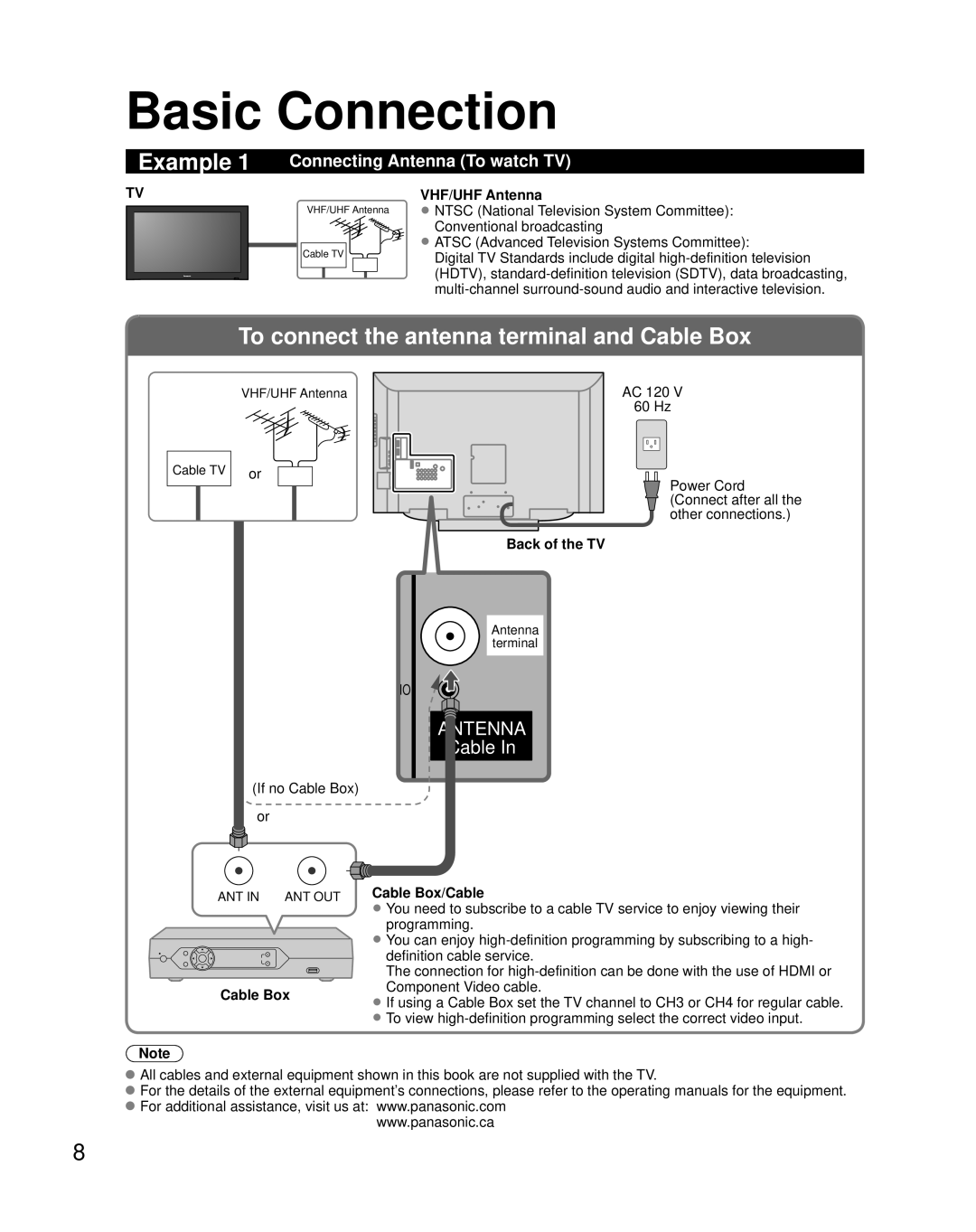 Panasonic N2QAYB000221, TY-WK32LR2W Basic Connection, Connecting Antenna To watch TV, VHF/UHF Antenna, Back of the TV 