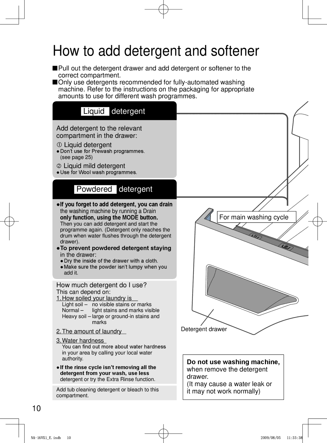 Panasonic NA-16VG1 How to add detergent and softener, Powdered detergent,  Liquid mild detergent, For main washing cycle 