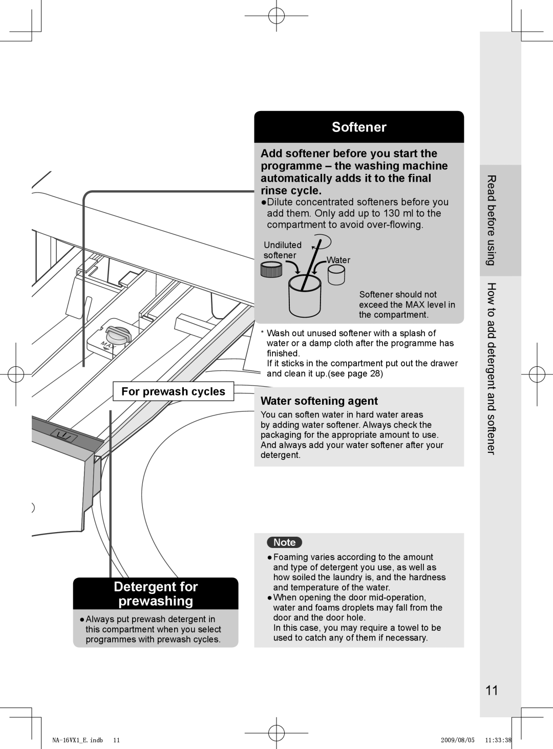 Panasonic NA-14VA1, NA-16VX1, NA-16VG1 operating instructions For prewash cycles, Water softening agent 