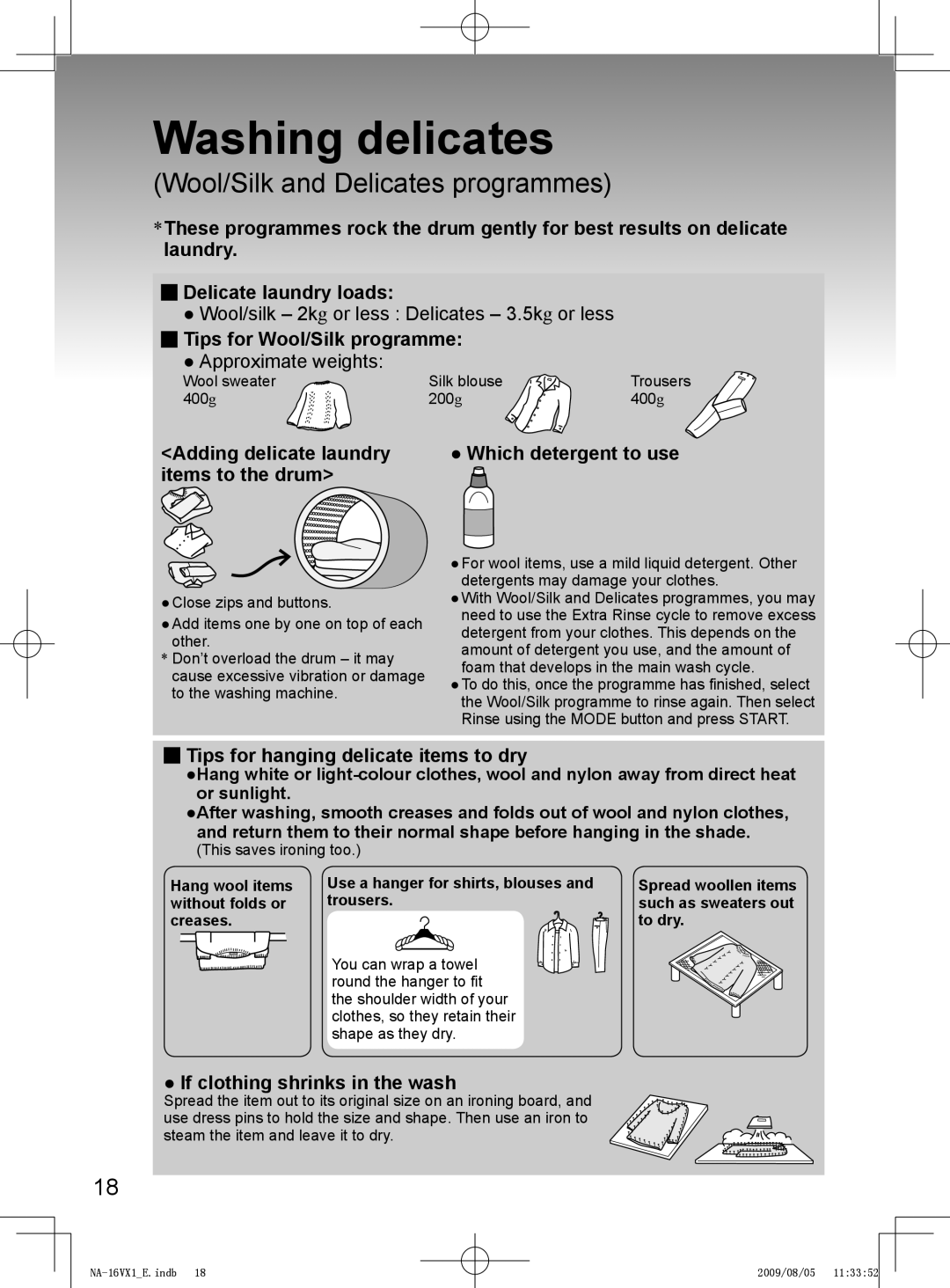 Panasonic NA-16VX1, NA-16VG1 Washing delicates, Tips for Wool/Silk programme, Tips for hanging delicate items to dry 