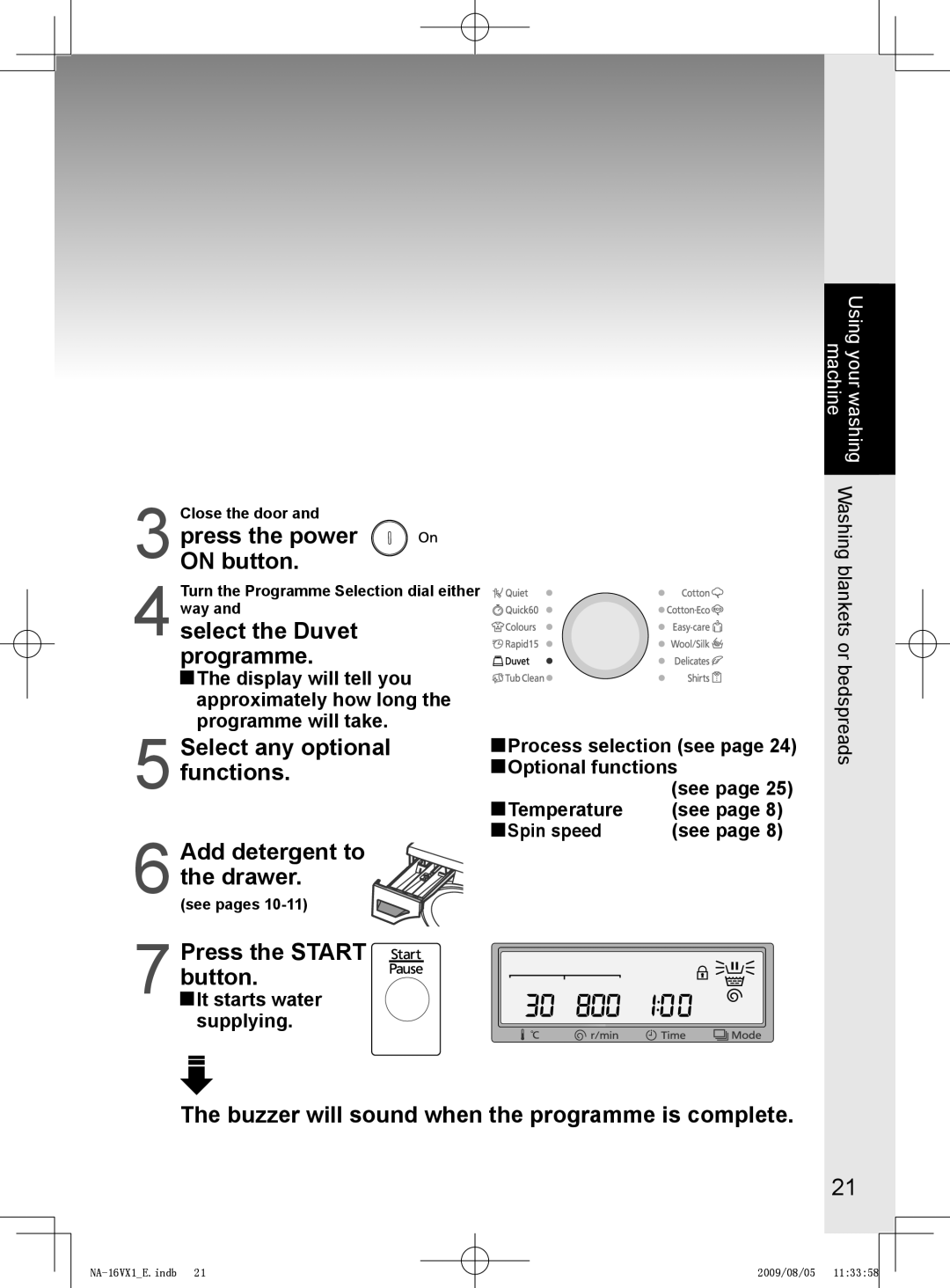 Panasonic NA-16VX1, NA-16VG1, NA-14VA1 operating instructions Select the Duvet programme 