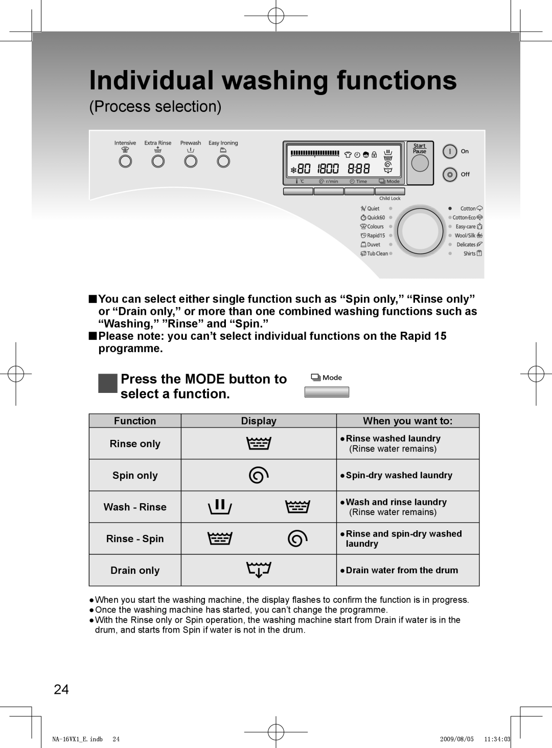 Panasonic NA-16VX1, NA-16VG1, NA-14VA1 Individual washing functions, Press the Mode button to select a function 