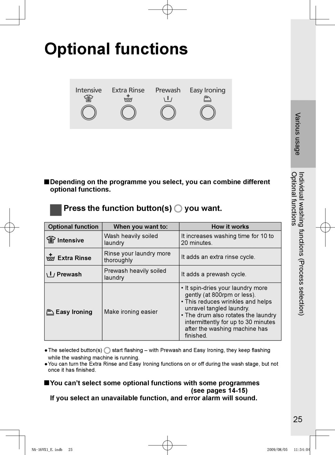 Panasonic NA-16VG1, NA-16VX1, NA-14VA1 operating instructions Optional functions, Press the function buttons you want 