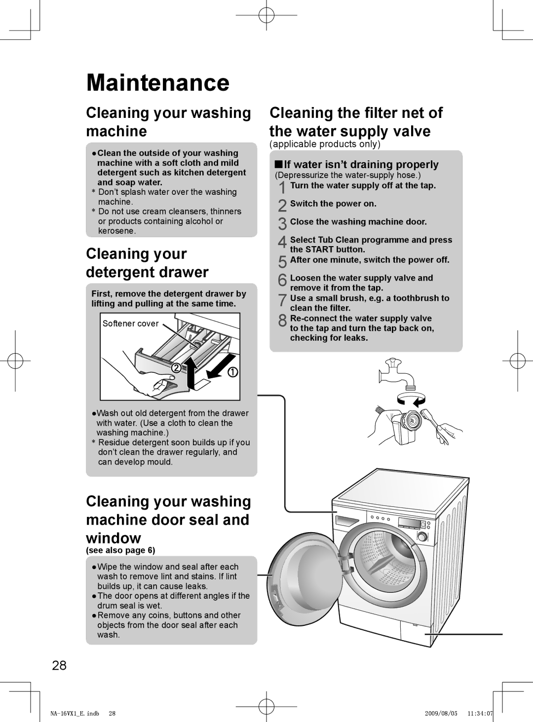 Panasonic NA-16VG1, NA-16VX1, NA-14VA1 operating instructions Maintenance, If water isn’t draining properly 