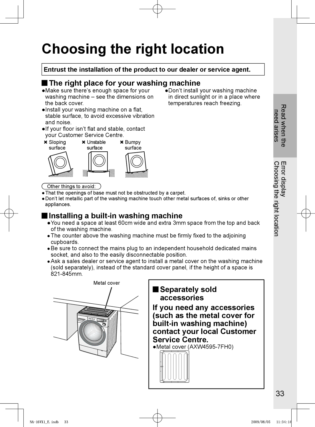 Panasonic NA-16VX1, NA-16VG1, NA-14VA1 Choosing the right location, Right place for your washing machine 