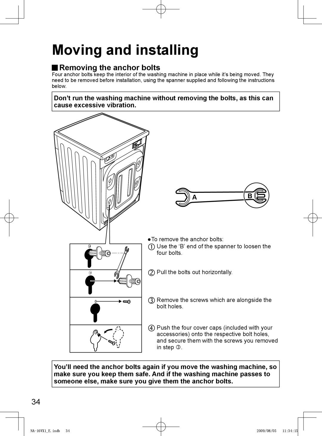 Panasonic NA-16VG1, NA-16VX1, NA-14VA1 operating instructions Moving and installing, Removing the anchor bolts 