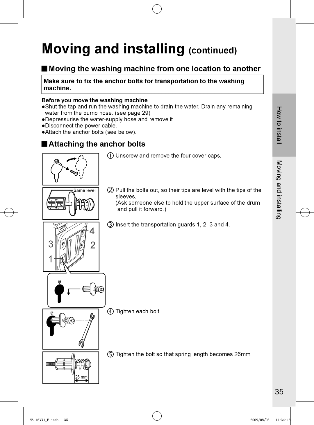 Panasonic NA-14VA1, NA-16VX1, NA-16VG1 Moving the washing machine from one location to another, Attaching the anchor bolts 