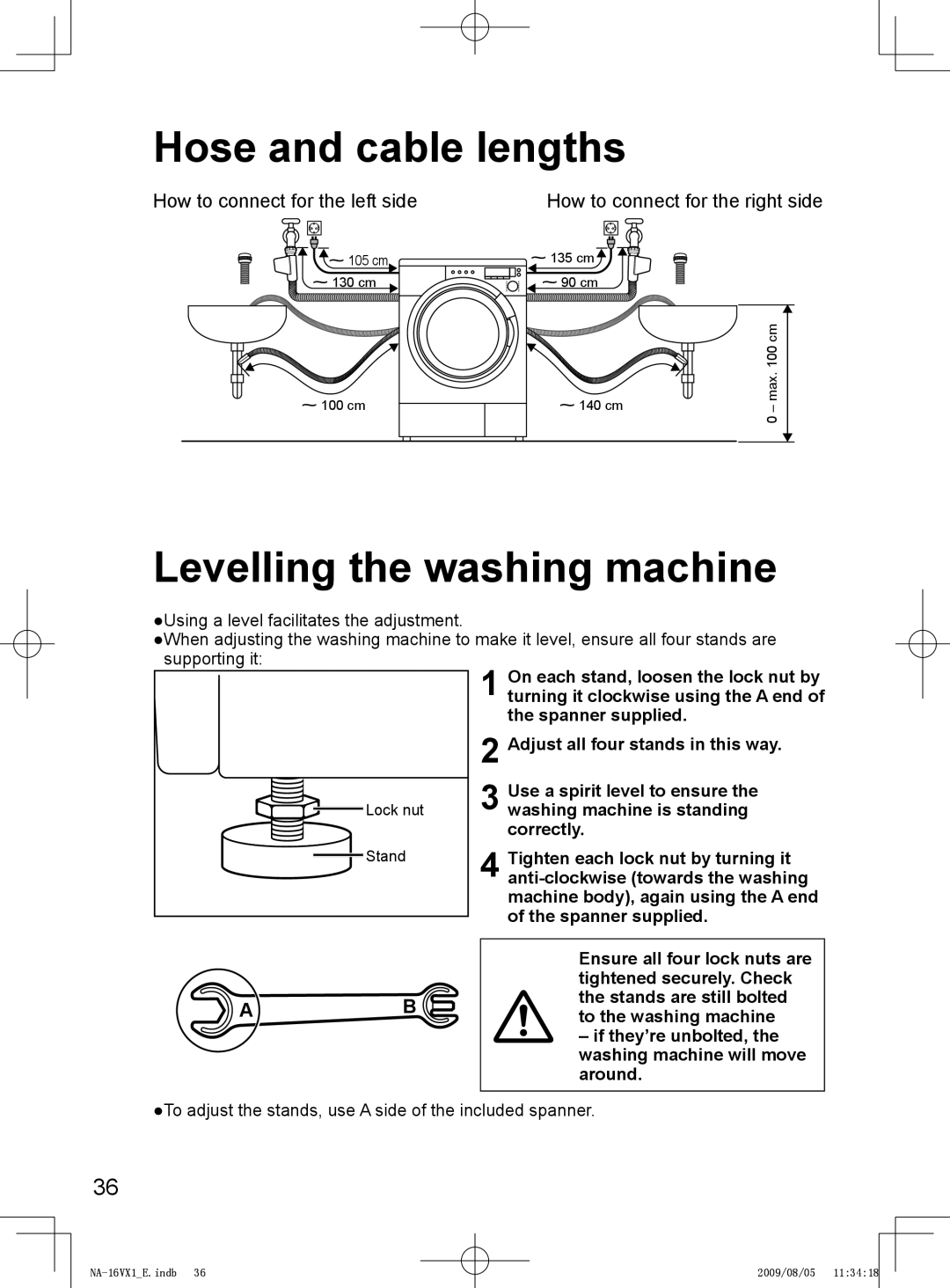 Panasonic NA-16VX1, NA-16VG1, NA-14VA1 operating instructions Hose and cable lengths, Levelling the washing machine 