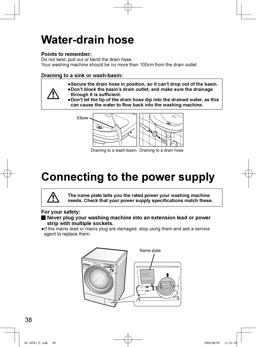 Panasonic NA-14VA1, NA-16VX1, NA-16VG1 Water-drain hose, Connecting to the power supply, Draining to a sink or wash-basin 