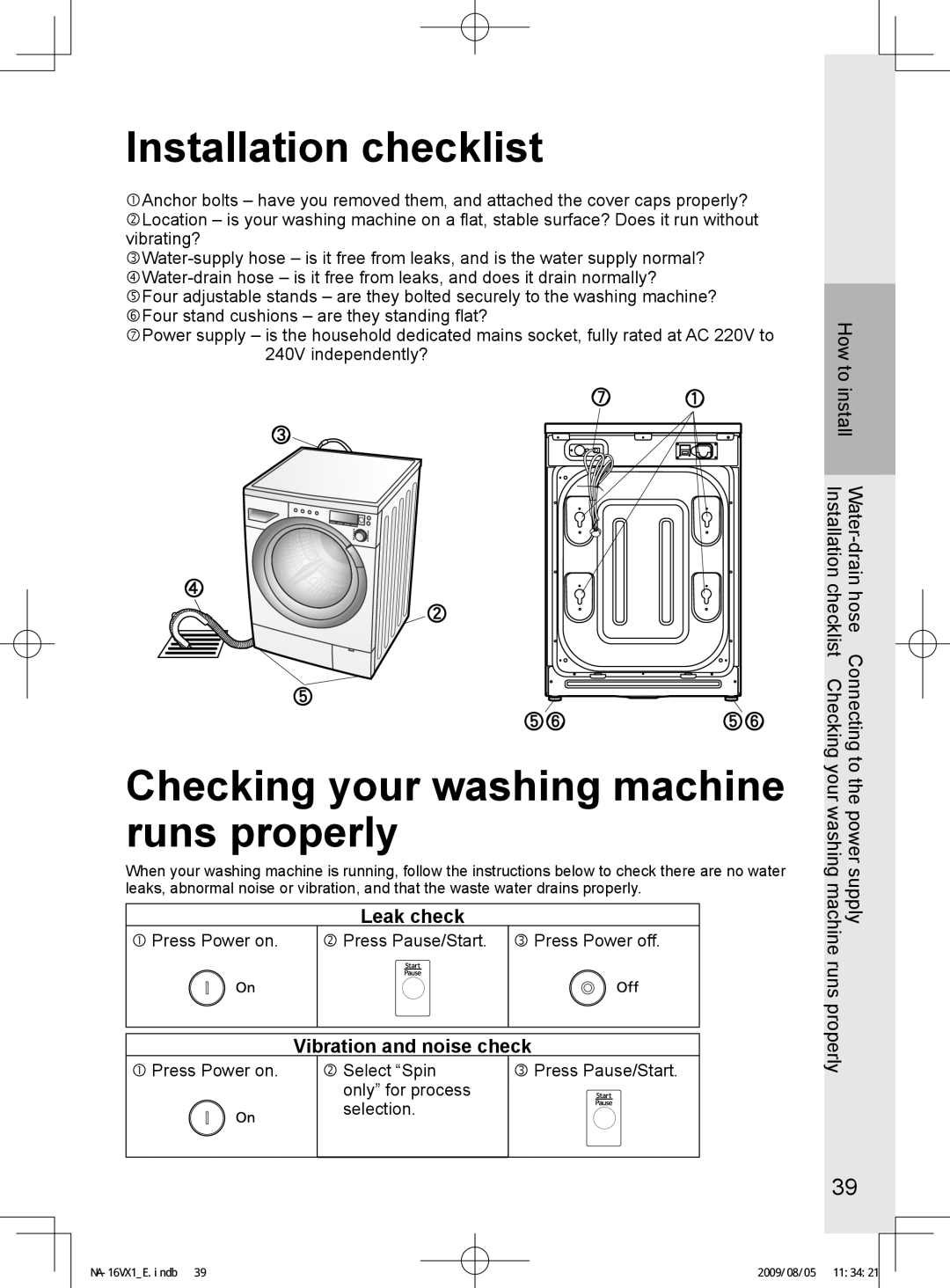 Panasonic NA-16VX1, NA-16VG1, NA-14VA1 Installation checklist, Checking your washing machine runs properly, Leak check 