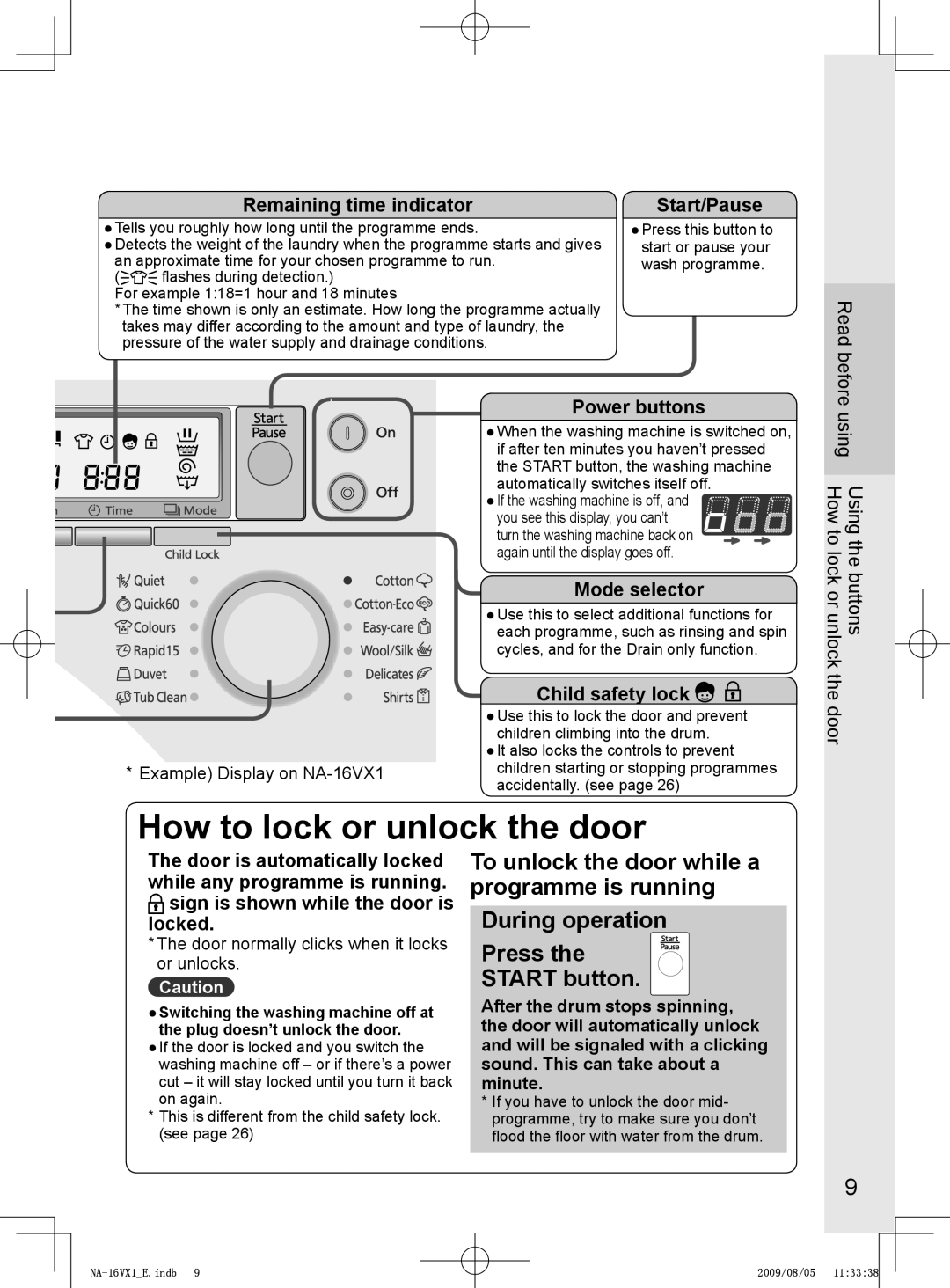 Panasonic NA-16VX1, NA-16VG1 Remaining time indicator, Start/Pause, Power buttons, Mode selector, Child safety lock 