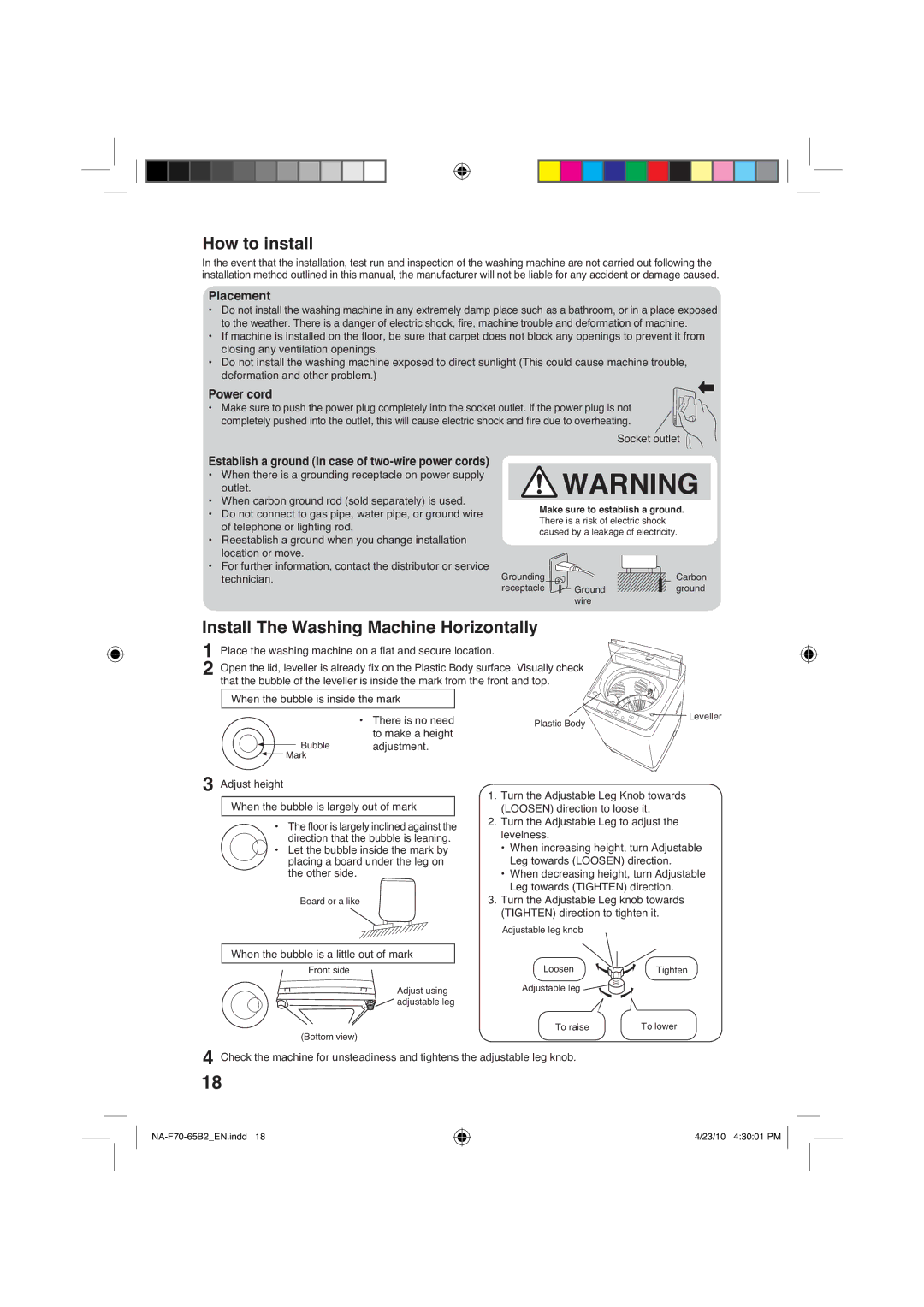 Panasonic NA-F65B2, NA-F70B2 manual +RzWrLqvwdoo, QVWDOO7KHDVKLQJ0DFKLQH+RULRQWDOO, 3ODFHPHQW, 3RZHUFRUG 