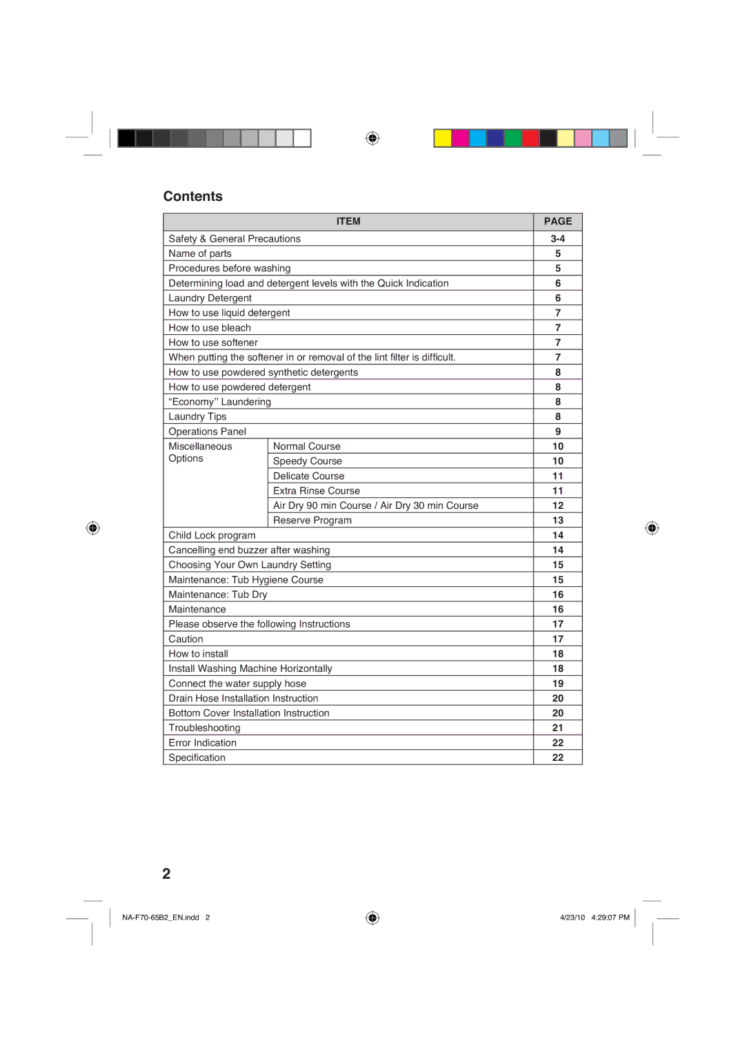 Panasonic NA-F65B2, NA-F70B2 manual Rqwhqwv, , 0LVFHOODQHRXV 2SWLRQV 