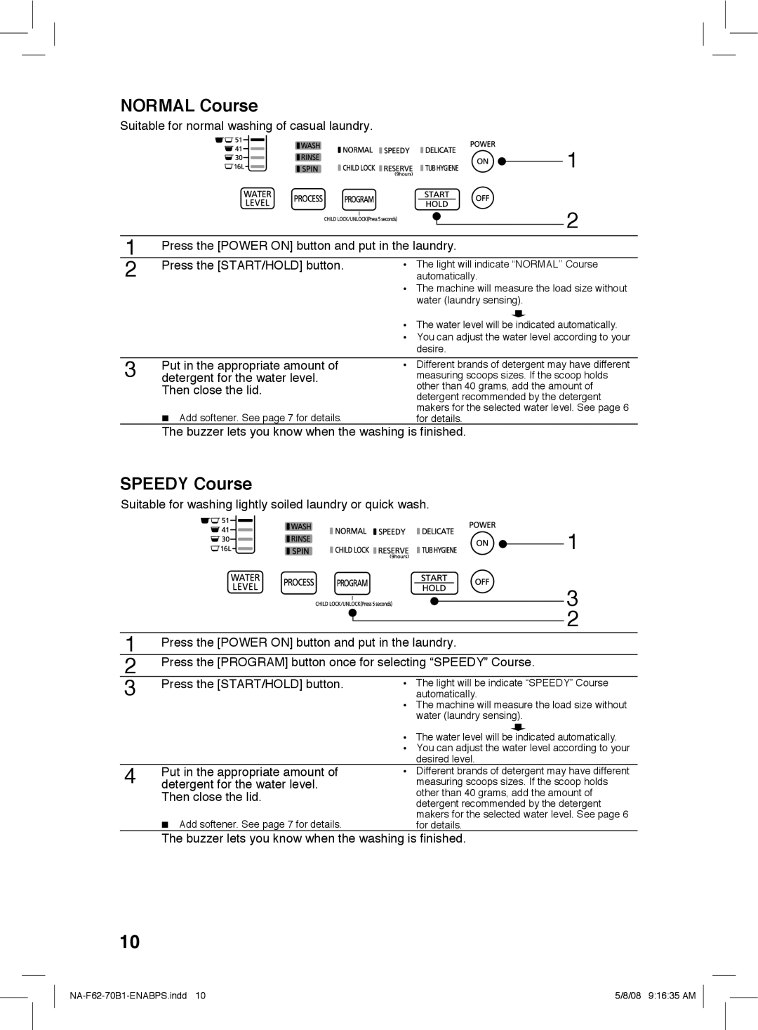 Panasonic NA-F70B1, NA-F62B1 operating instructions Normal Course, Speedy Course 