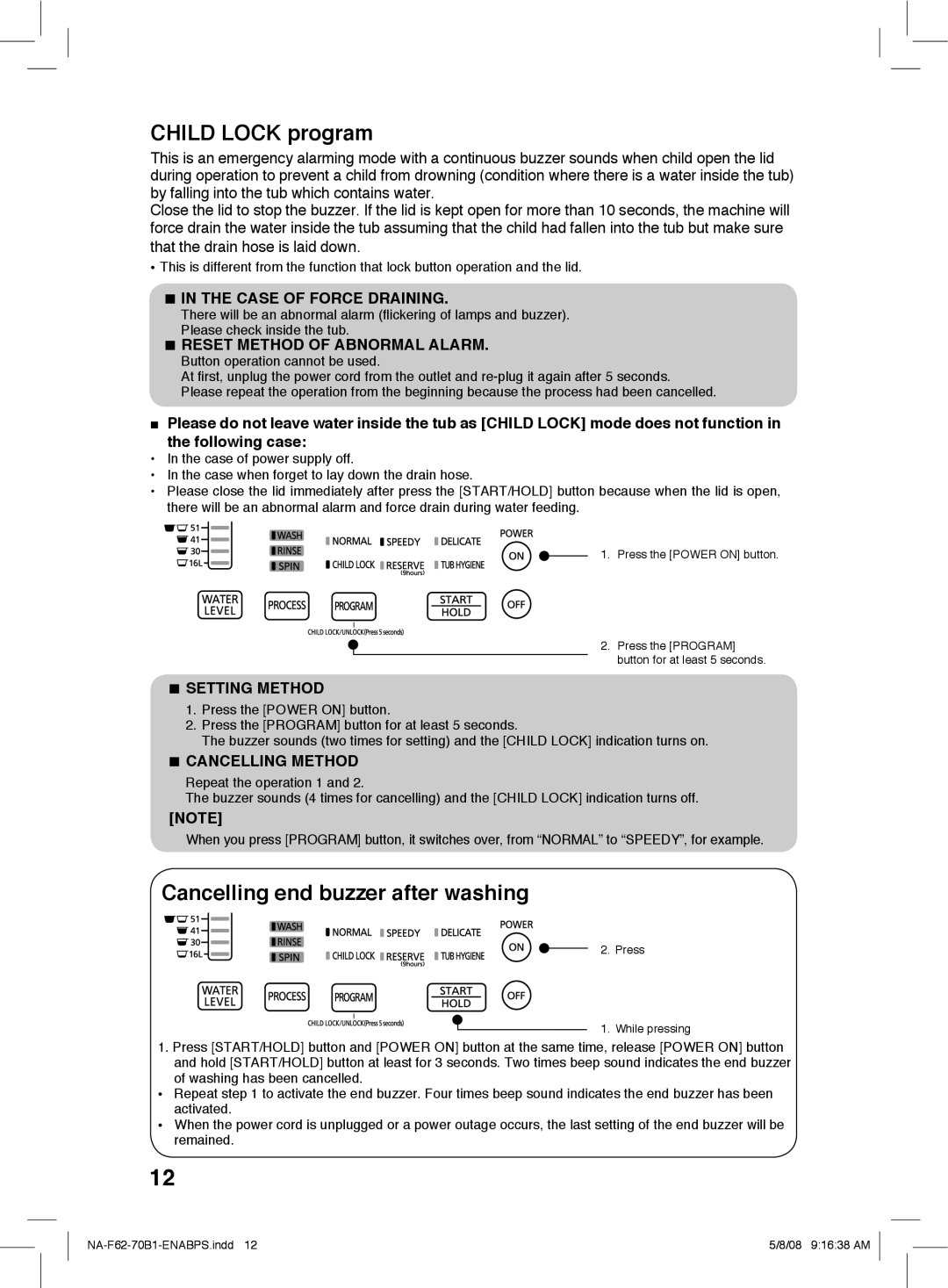 Panasonic NA-F70B1, NA-F62B1 operating instructions Child Lock program, Cancelling end buzzer after washing 