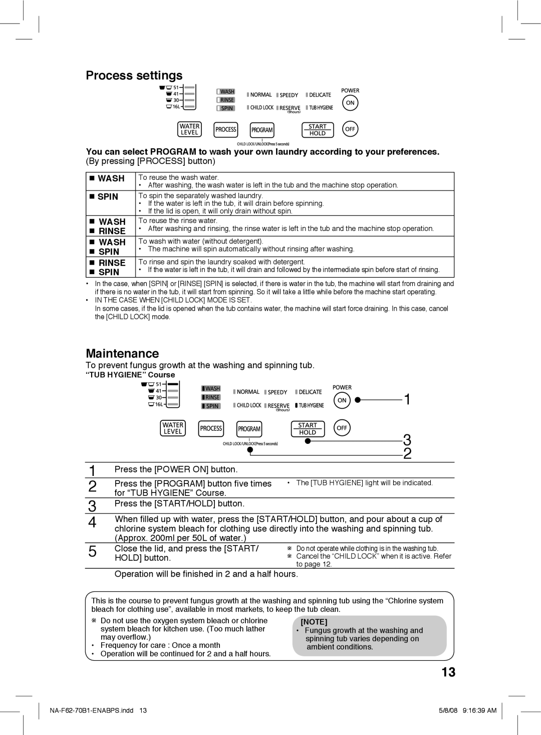 Panasonic NA-F62B1, NA-F70B1 operating instructions Process settings, Maintenance 