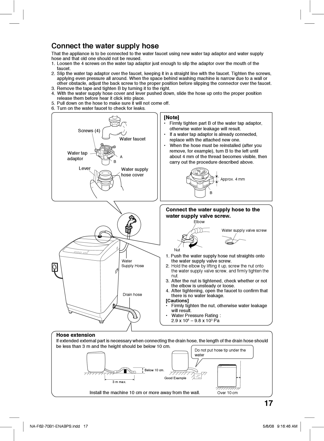 Panasonic NA-F62B1, NA-F70B1 operating instructions Connect the water supply hose, Hose extension 