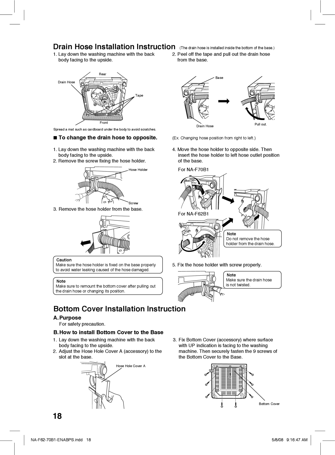 Panasonic NA-F70B1, NA-F62B1 Bottom Cover Installation Instruction, To change the drain hose to opposite, Purpose 