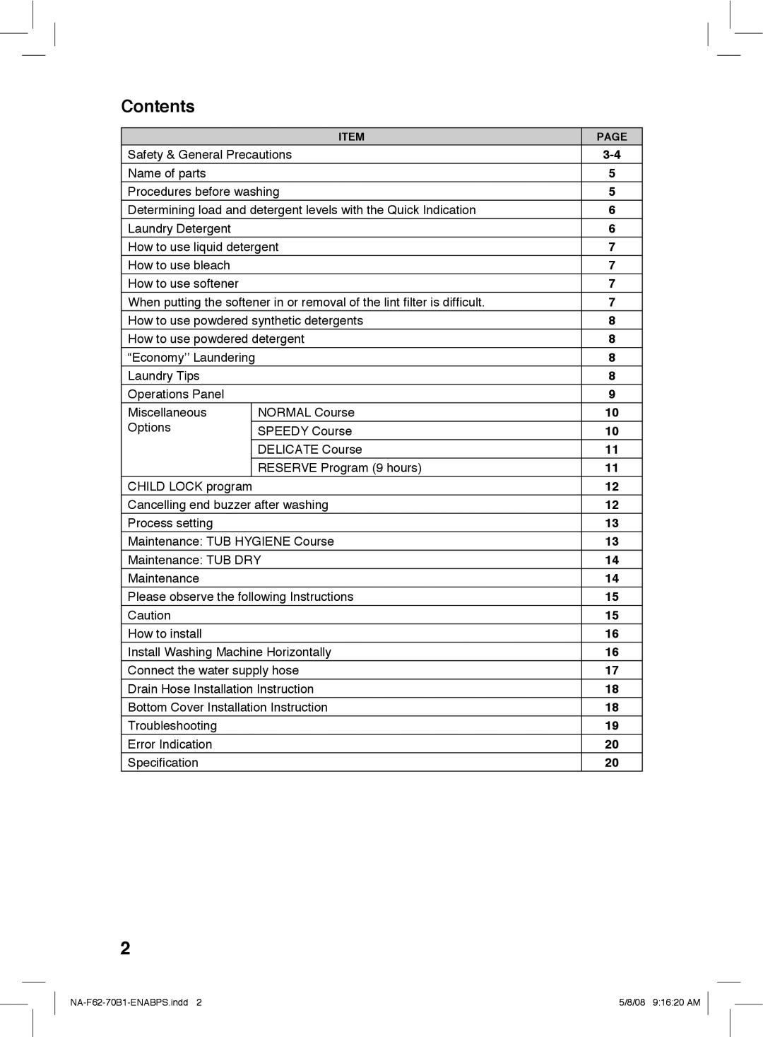 Panasonic NA-F70B1, NA-F62B1 operating instructions Contents 