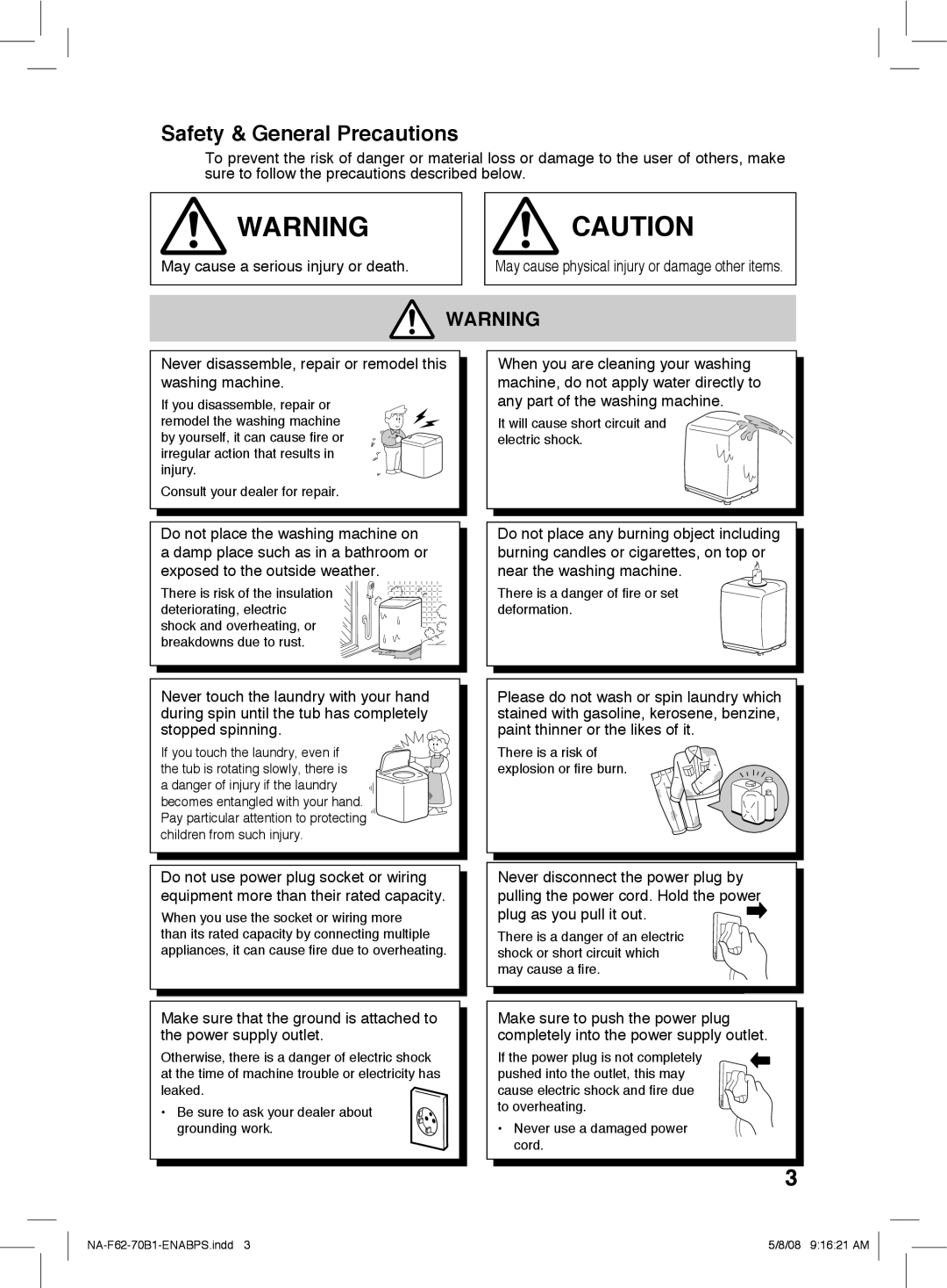 Panasonic NA-F62B1 Safety & General Precautions, May cause a serious injury or death, Do not place the washing machine on 