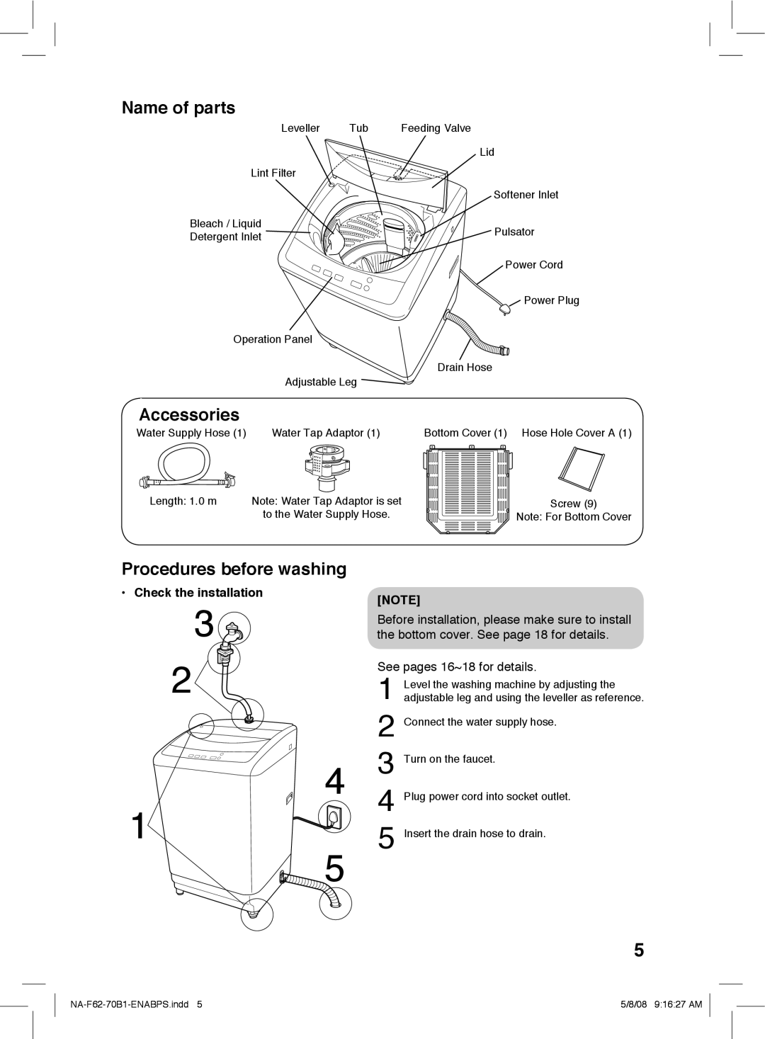 Panasonic NA-F62B1, NA-F70B1 Name of parts, Accessories, Procedures before washing, Check the installation 