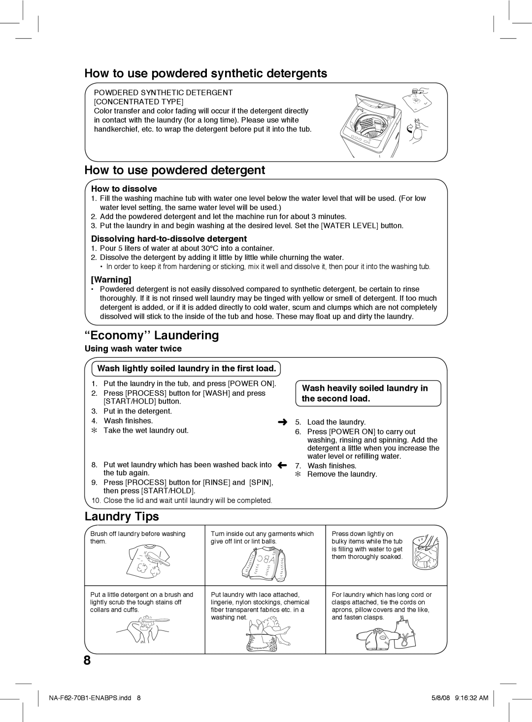 Panasonic NA-F70B1, NA-F62B1 How to use powdered synthetic detergents, How to use powdered detergent, Economy’’ Laundering 