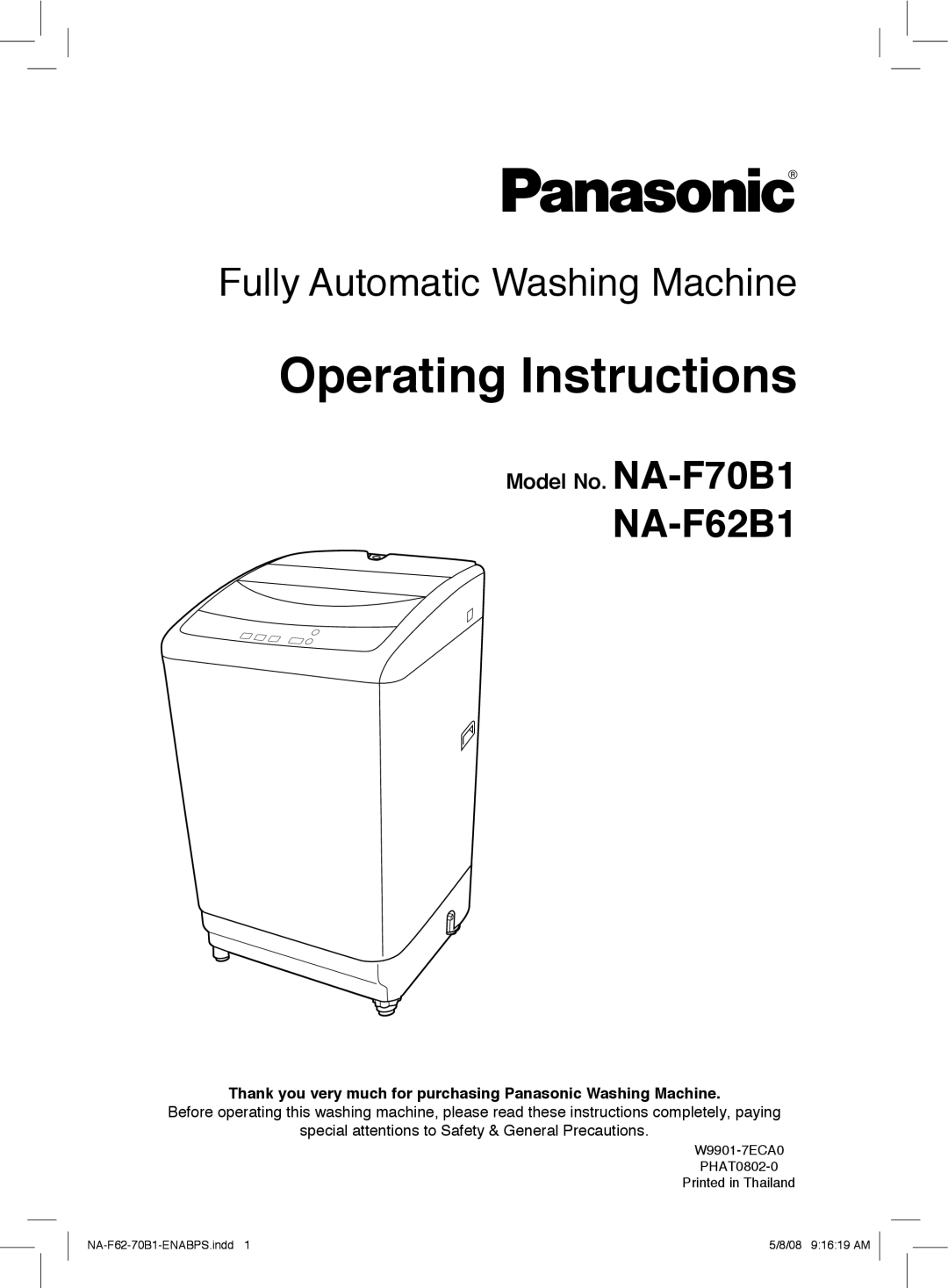 Panasonic NA-F62B1 operating instructions Model No. NA-F70B1, Thank you very much for purchasing Panasonic Washing Machine 