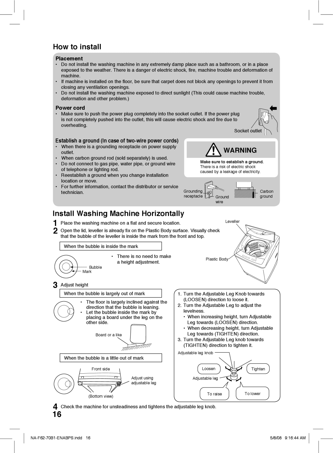 Panasonic NA-F70B1, NA-F62B1 How to install, Install Washing Machine Horizontally, Placement, Power cord 