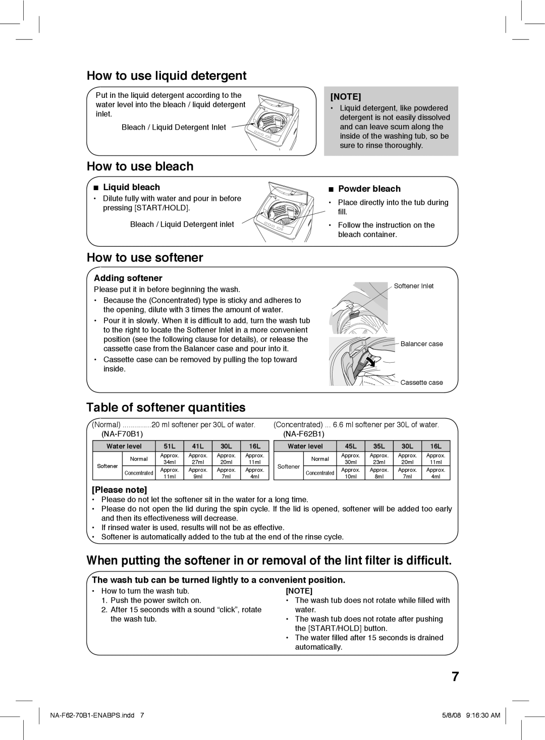 Panasonic NA-F62B1 How to use liquid detergent, How to use bleach, How to use softener, Table of softener quantities 