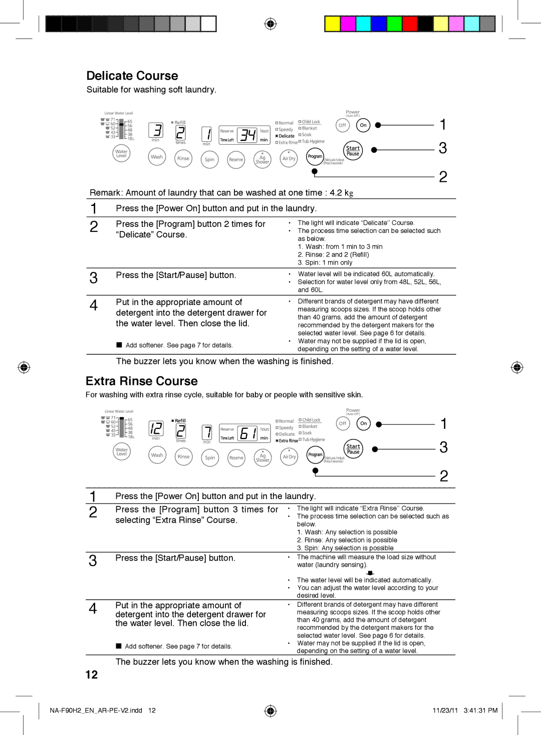 Panasonic NA-F90H2 operating instructions Delicate Course, Extra Rinse Course 