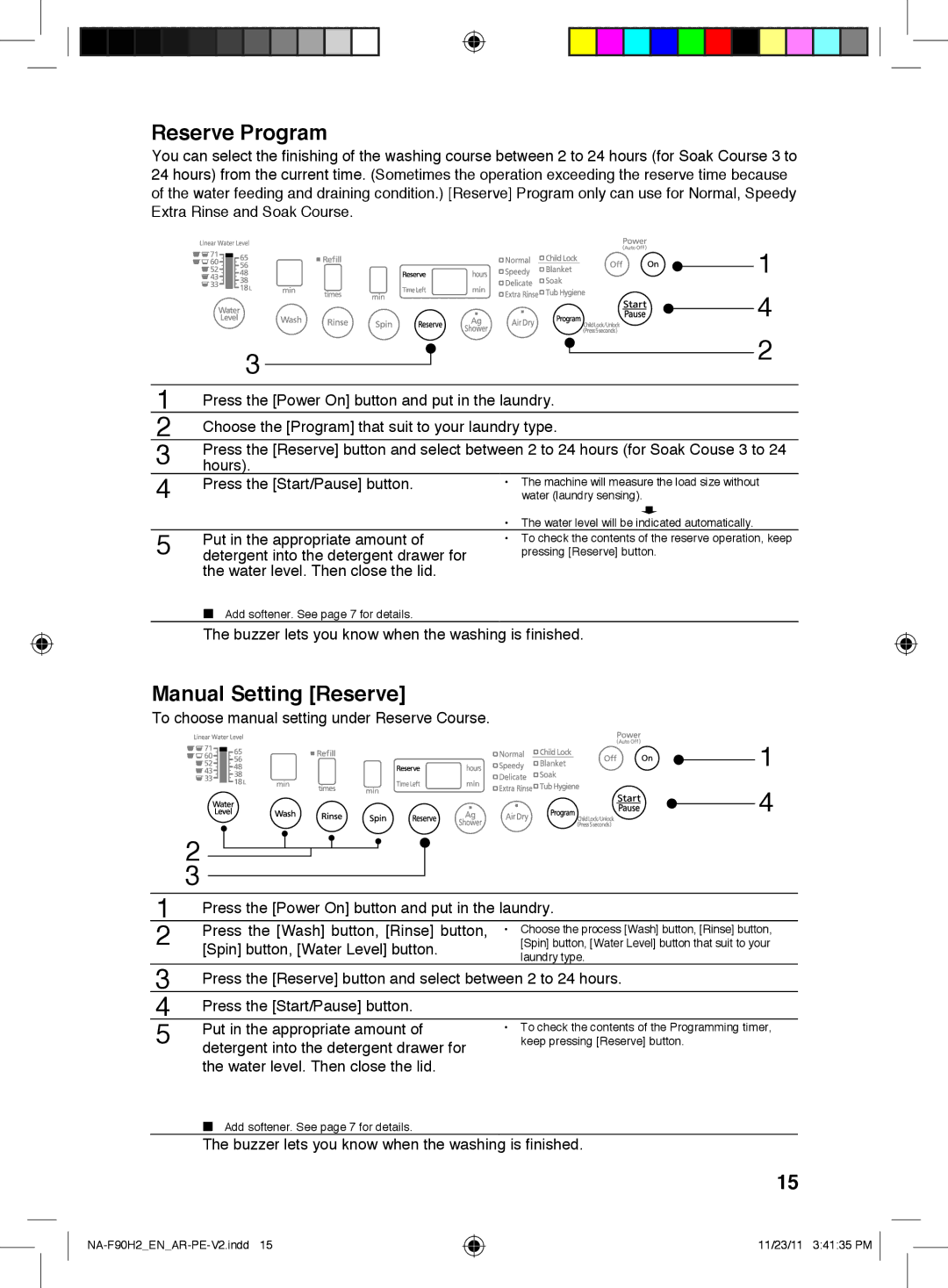 Panasonic NA-F90H2 operating instructions Reserve Program, Manual Setting Reserve 